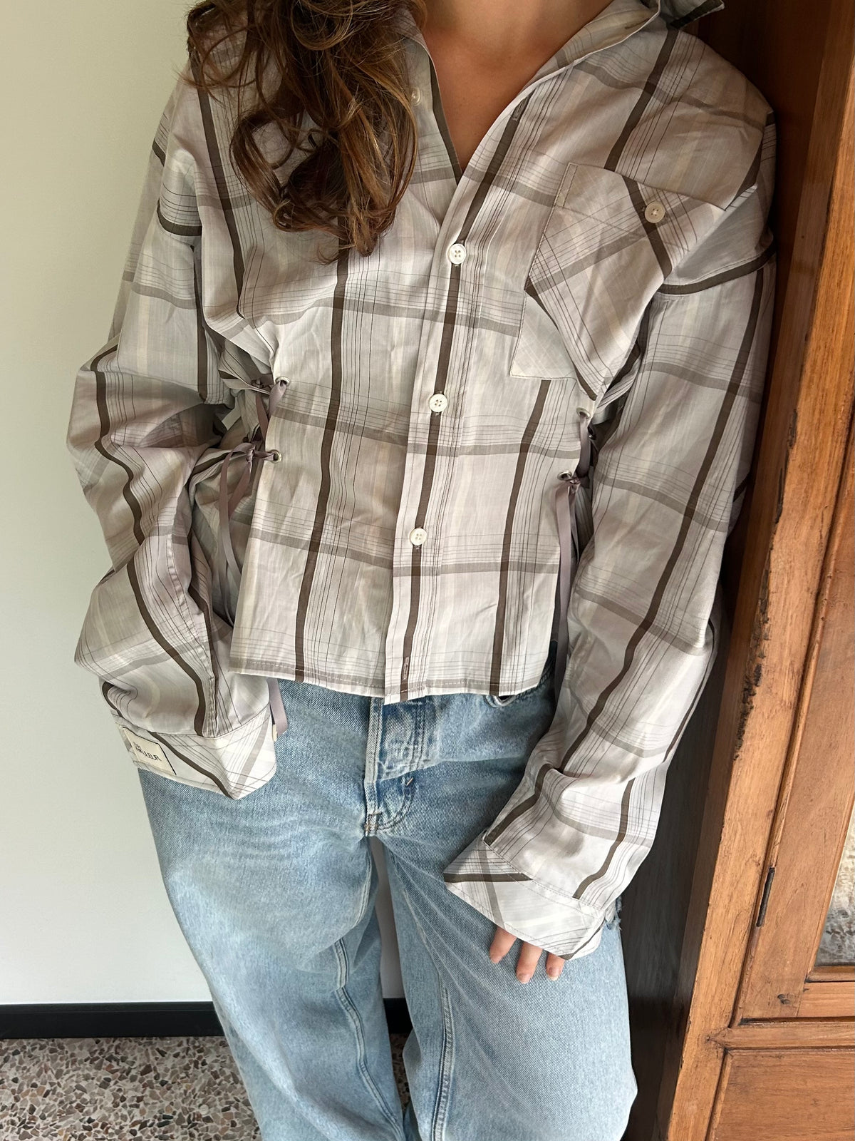 Reworked Blouse With Adjustable Straps Checkered Blue
