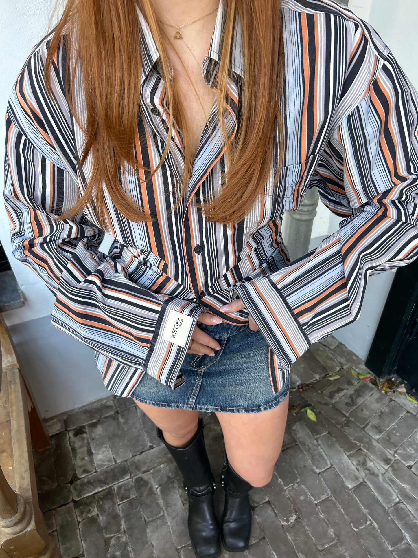 Blouse With An Adjustable Tight Waist Striped Orange