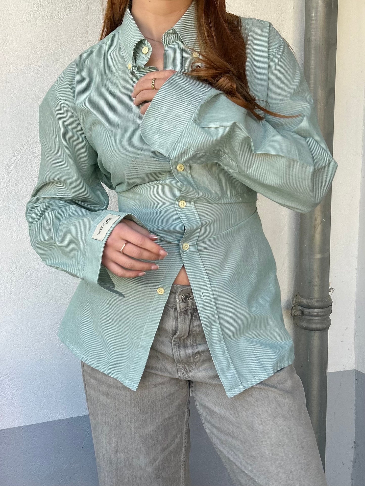 Blouse With An Adjustable Tight Waist Striped Green