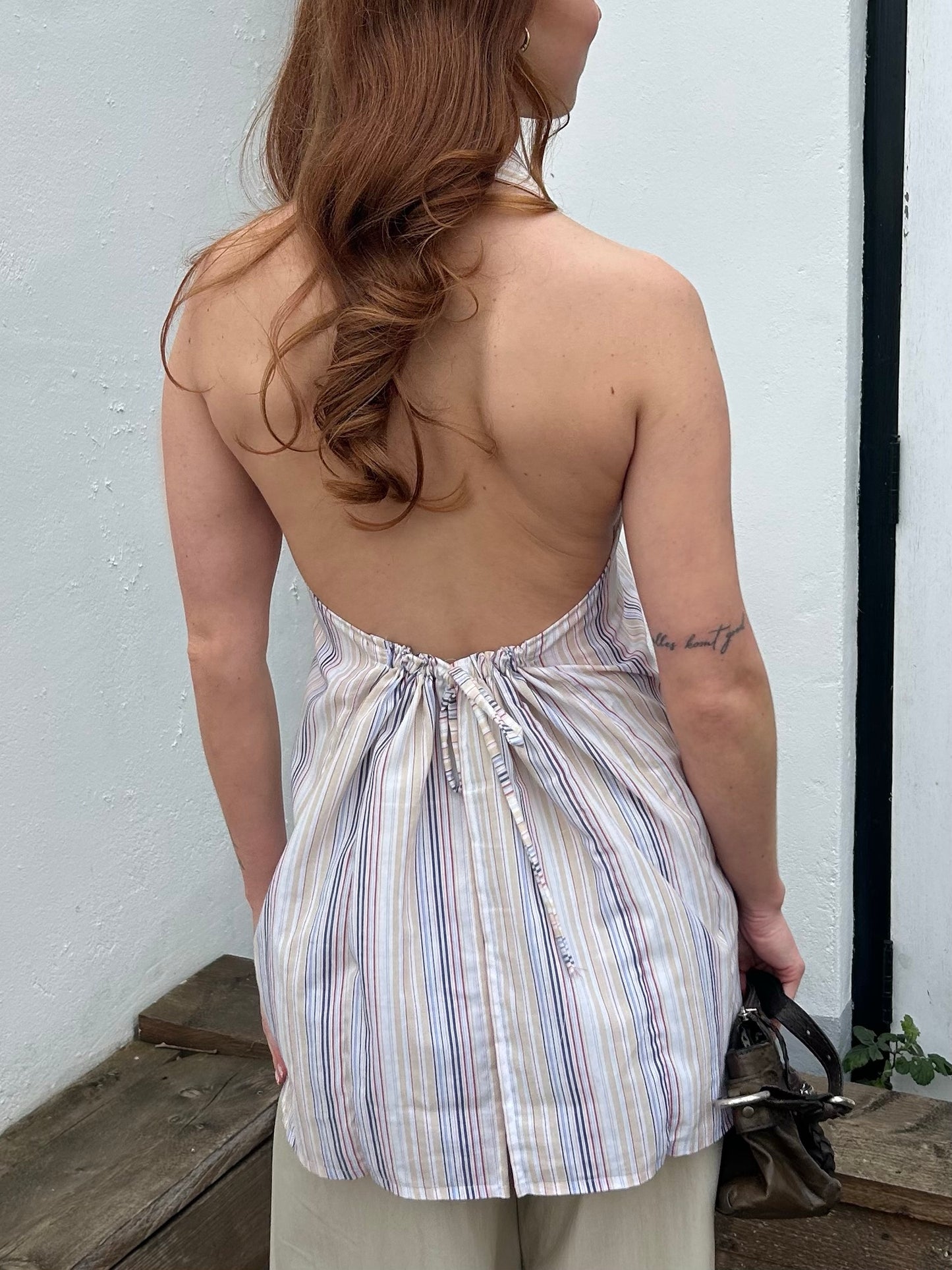 Reworked Backless Blouse Green Striped