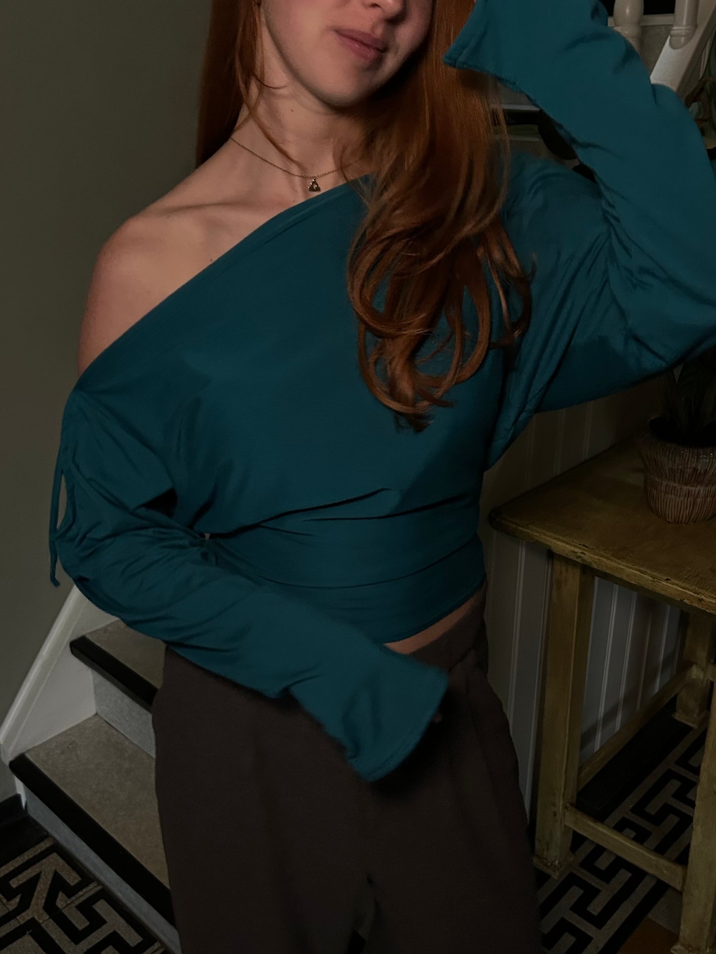 Top Off Shoulder With Bow Tight Waist Blue