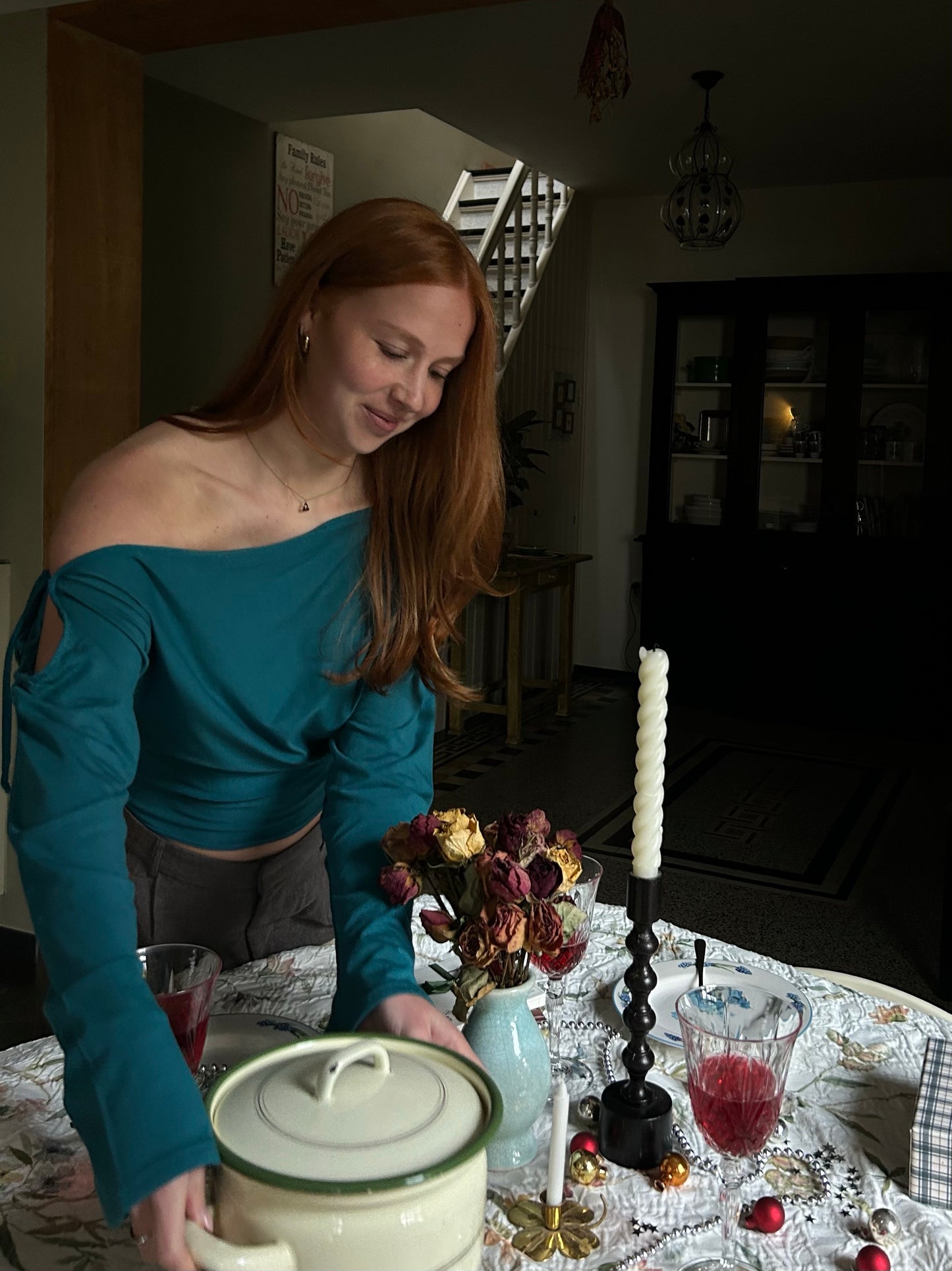 Top Off Shoulder With Bow Tight Waist Blue