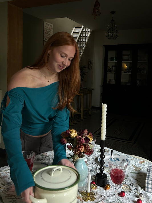 Top Off Shoulder With Bow Tight Waist Blue