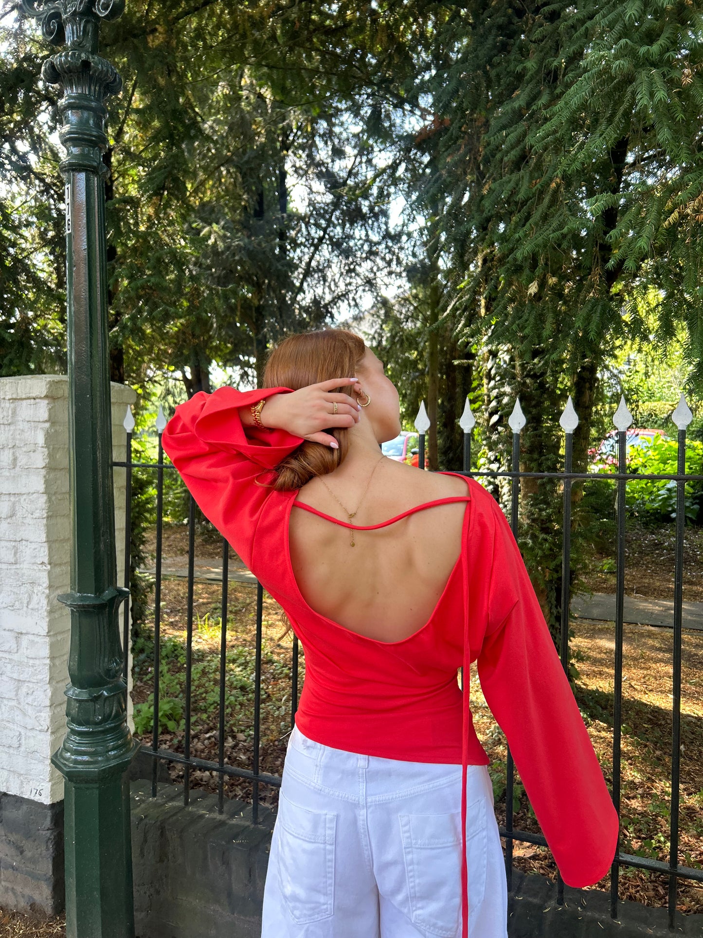 Top Wide Sleeves Tight Waist Coral