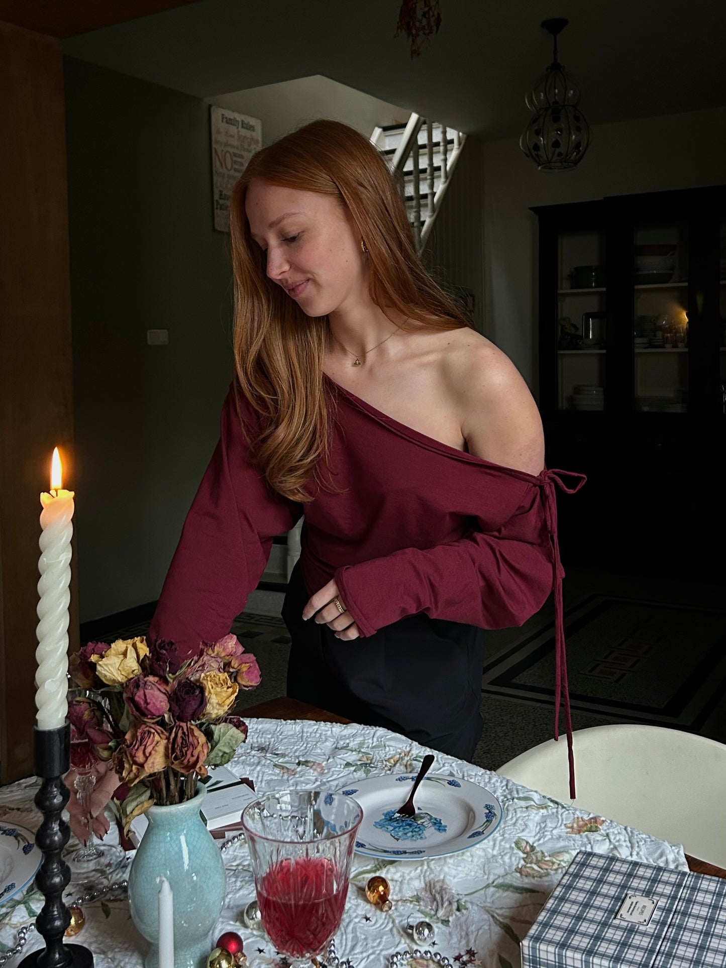 Top Off Shoulder With Bow Tight Waist Cherry