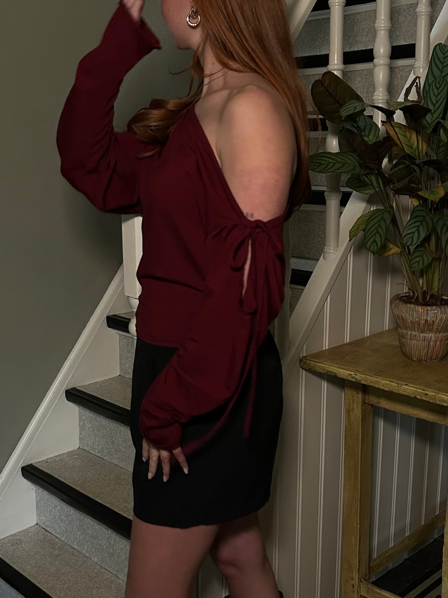 Top Off Shoulder With Bow Tight Waist Cherry