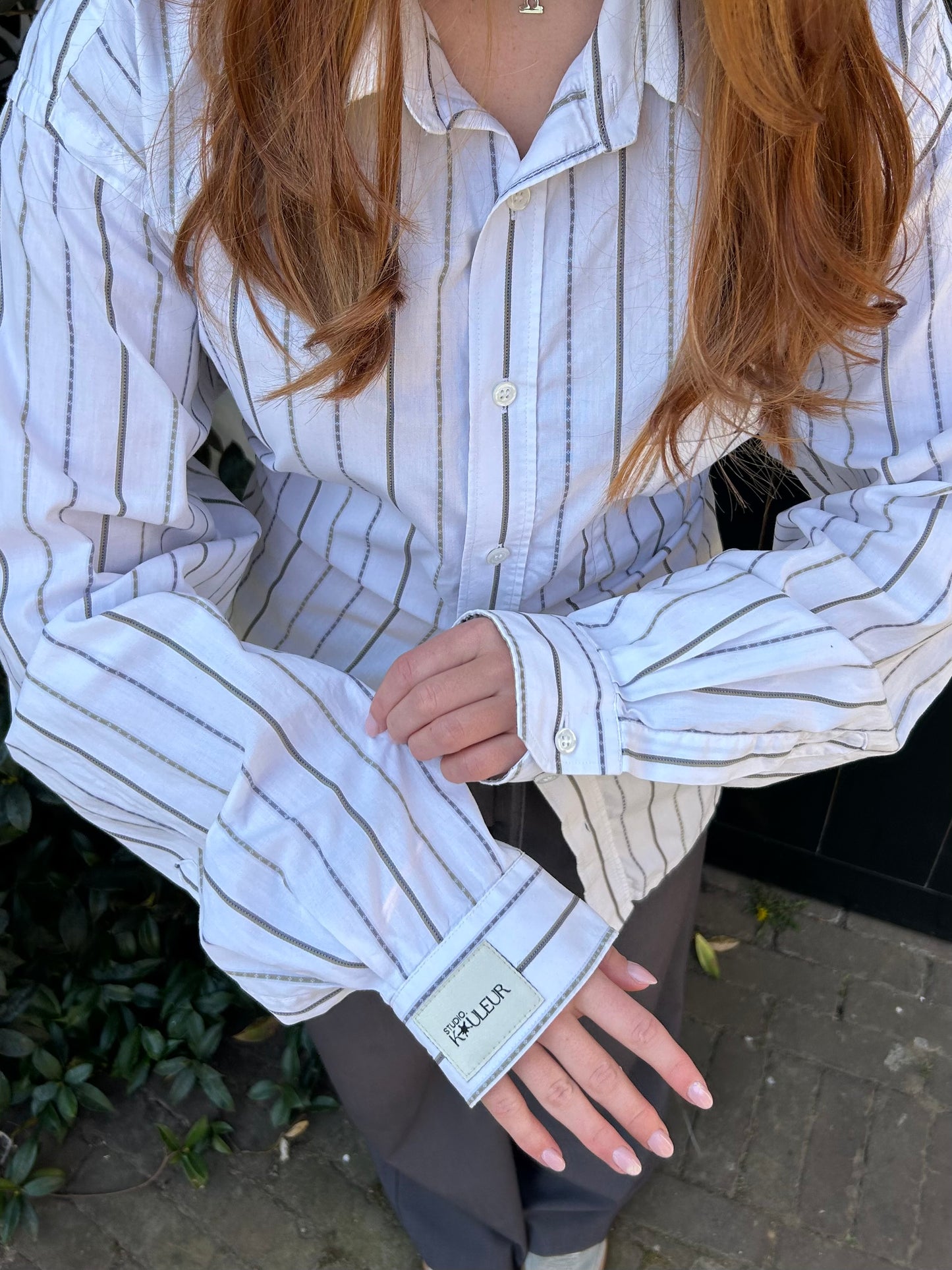 Reworked Blouse With An Adjustable Tight Waist Striped Blue/Green