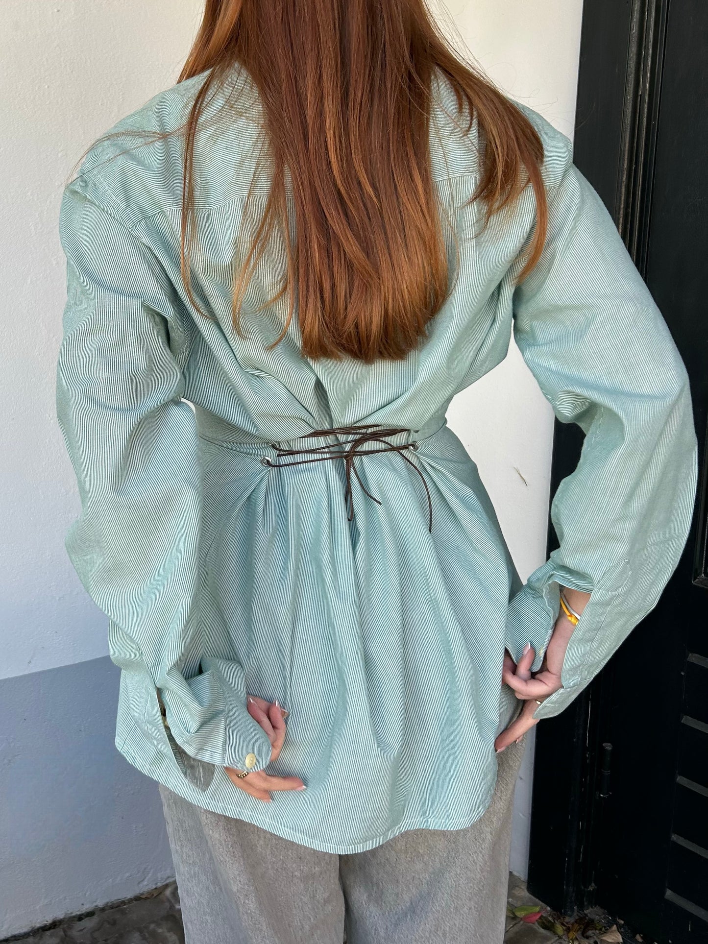 Blouse With An Adjustable Tight Waist Striped Green