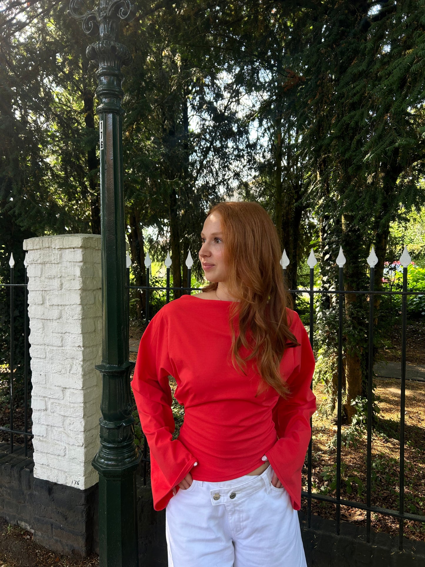 Top Wide Sleeves Tight Waist Coral