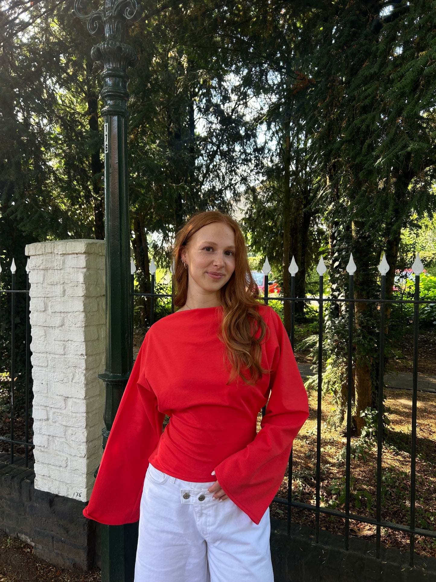 Top Wide Sleeves Tight Waist Coral
