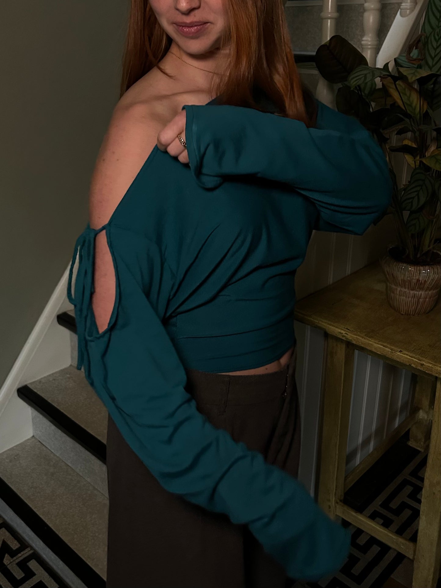 Top Off Shoulder With Bow Tight Waist Blue